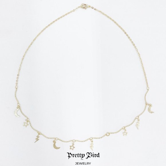 18K Yellow Gold Plated Hammered Celestial Charm Choker Necklace - 18" - Picture 1 of 4